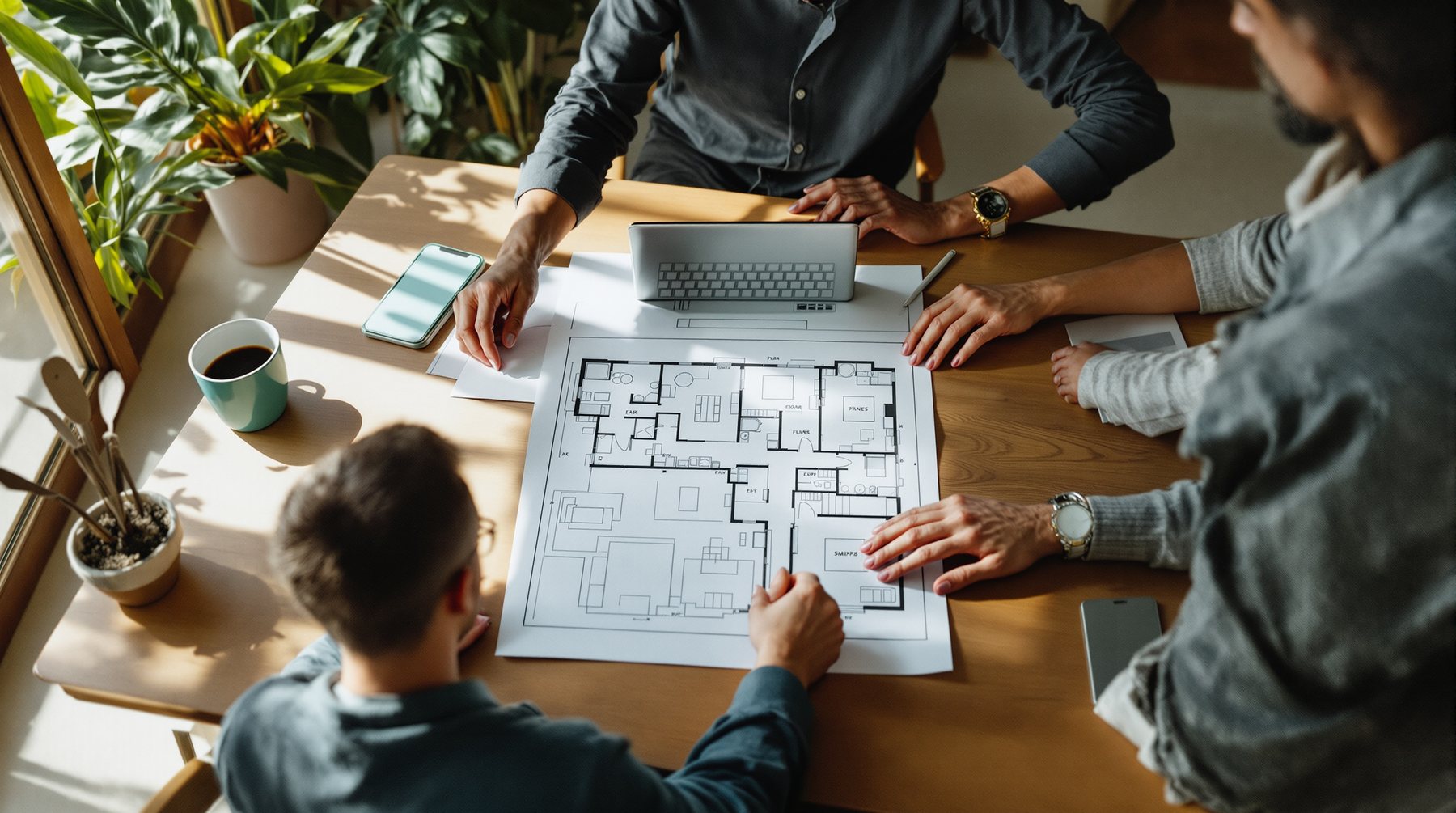 Equipo inmobiliario revisando planos alrededor de una mesa