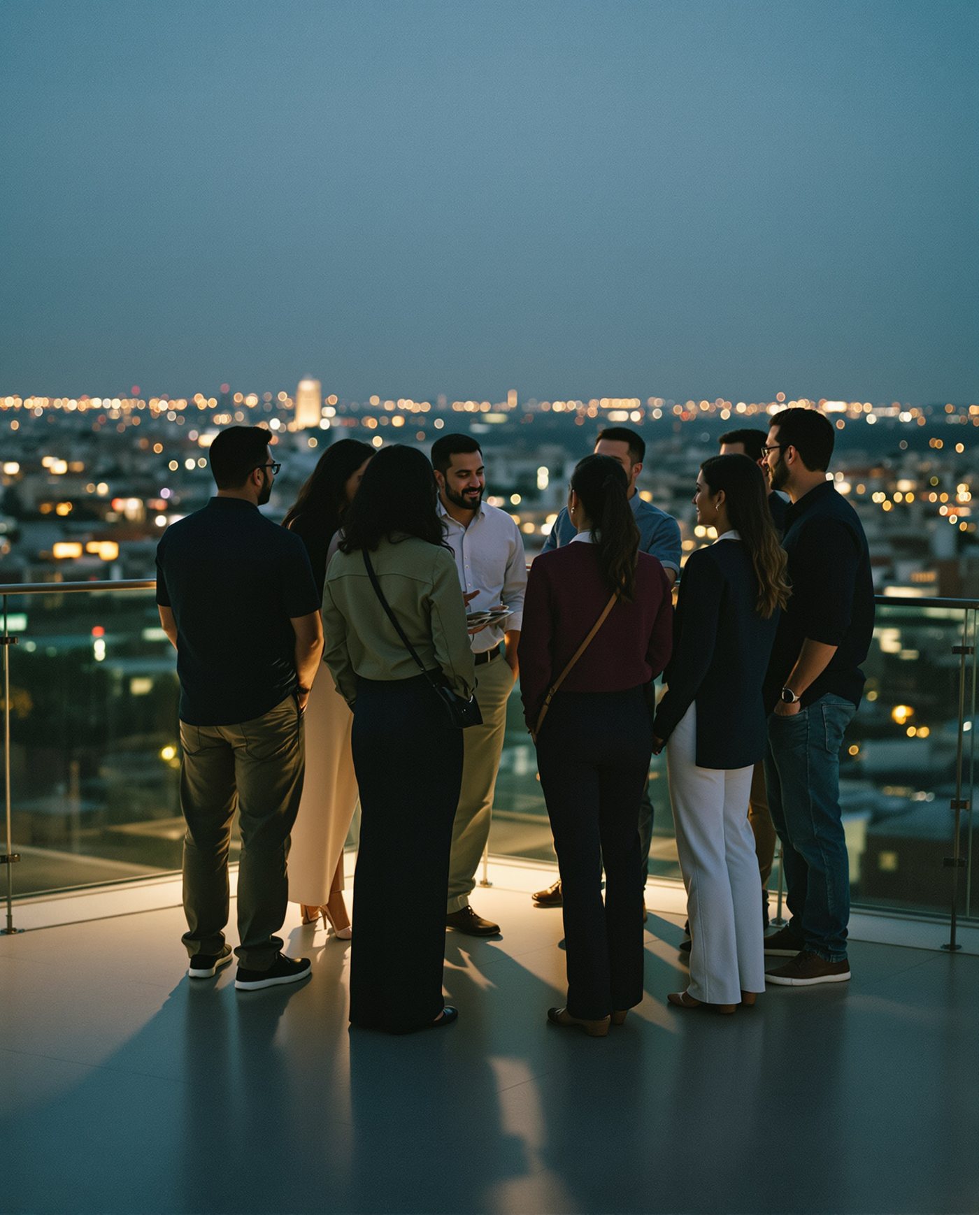 Asesores inmobiliarios conversando en una terraza al atardecer