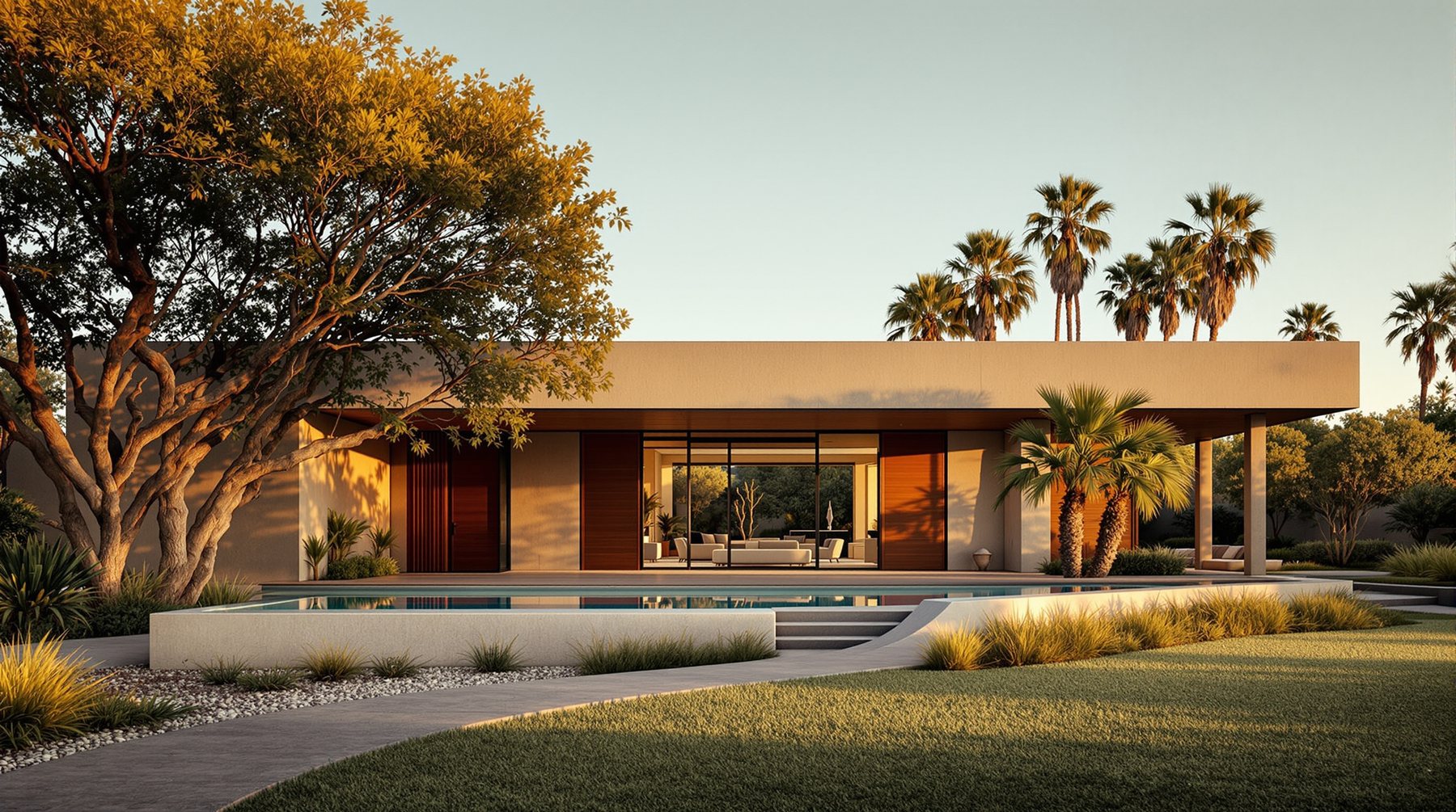 Fachada de un desarrollo residencial contemporáneo al atardecer